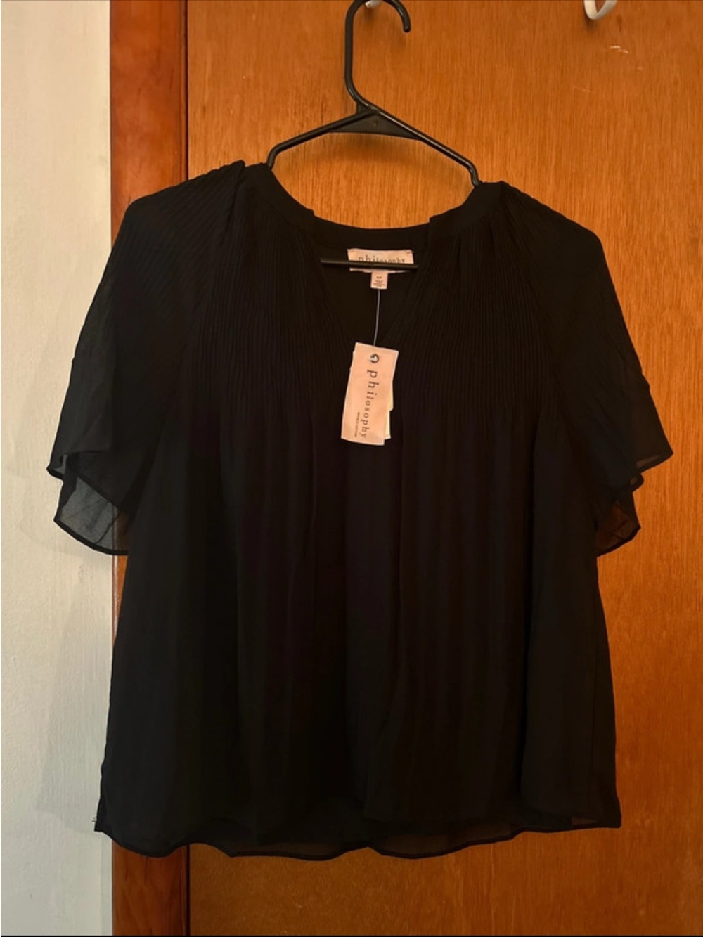 Philosophy Black Pleated Flutter Sleeve Blouse